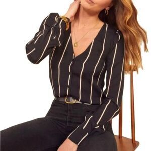 Reformation Annalise Sinatra Stripe Button Down Blouse in Black Size XL